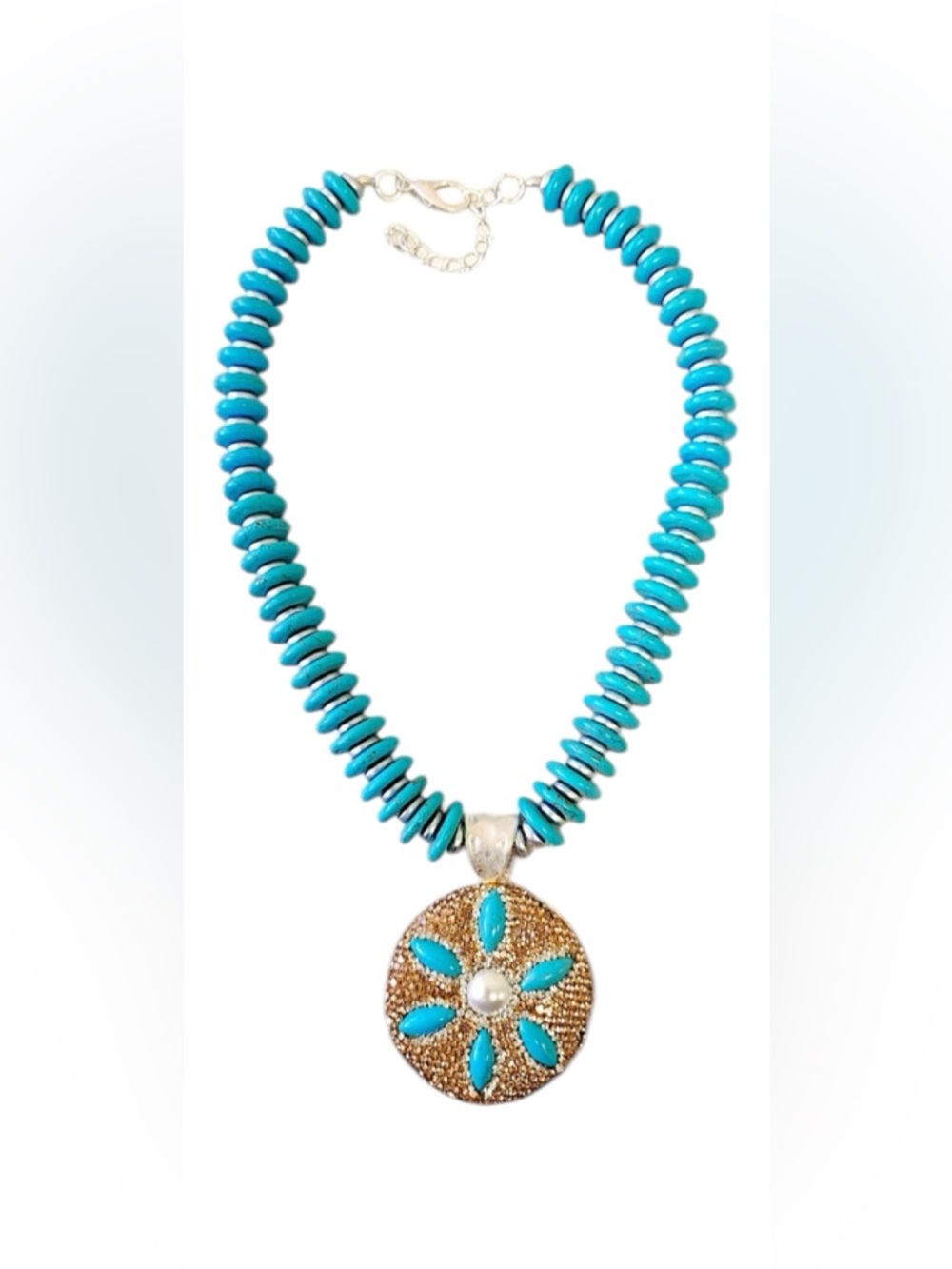Bijoux Envie Turquoise Sand Dollar Statement Necklace NWT Coastal Boho - Picture 2 of 6